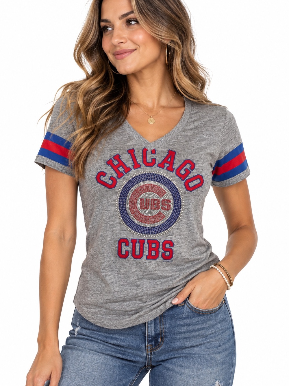 Chicago Cubs Baseball Rhinestone V-Neck Tee Womens MD